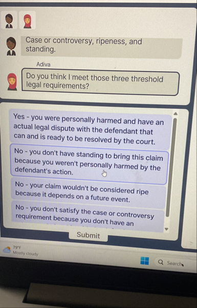 Case or controversy, ripeness, and standing.