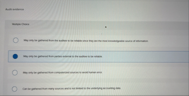 Audit evidence Multiple Choice May only be