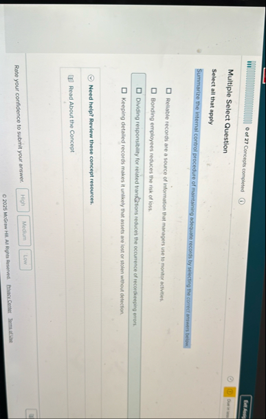 0 of 2 7 Concepts completed Exteristant Multiple