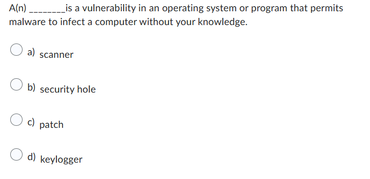answer A(n)______is a vulnerability in an