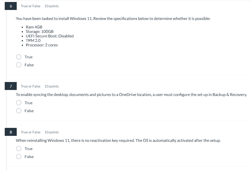 correct answer 6 True or False 10 points You have