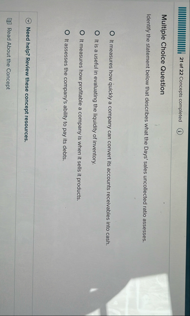 2 1 of 2 2 Concepts completed Multiple Choice