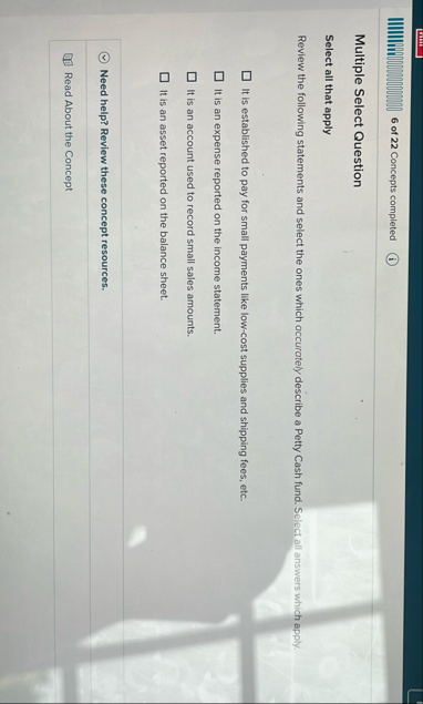 6 of 2 2 Concepts completed Multiple Select