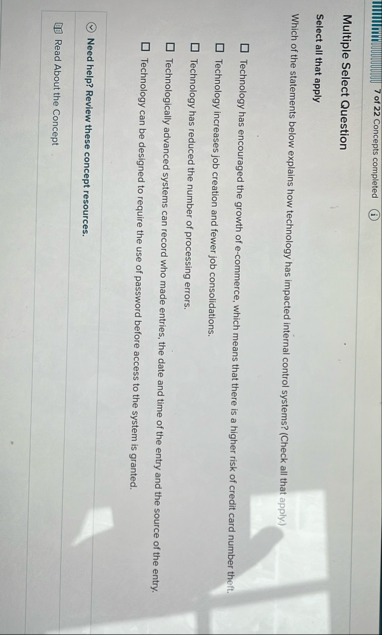 7 of 2 2 Concepts completed ( i ) Multiple Select