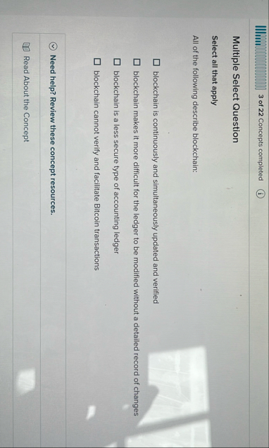 3 of 2 2 Concepts completed Multiple Select