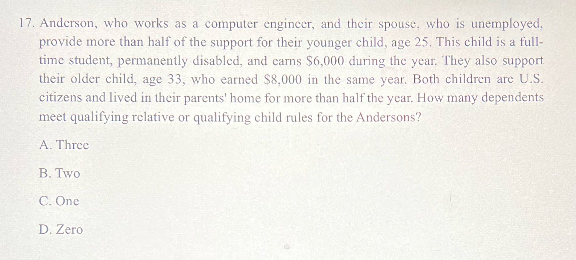17. Anderson, who works as a computer engineer,