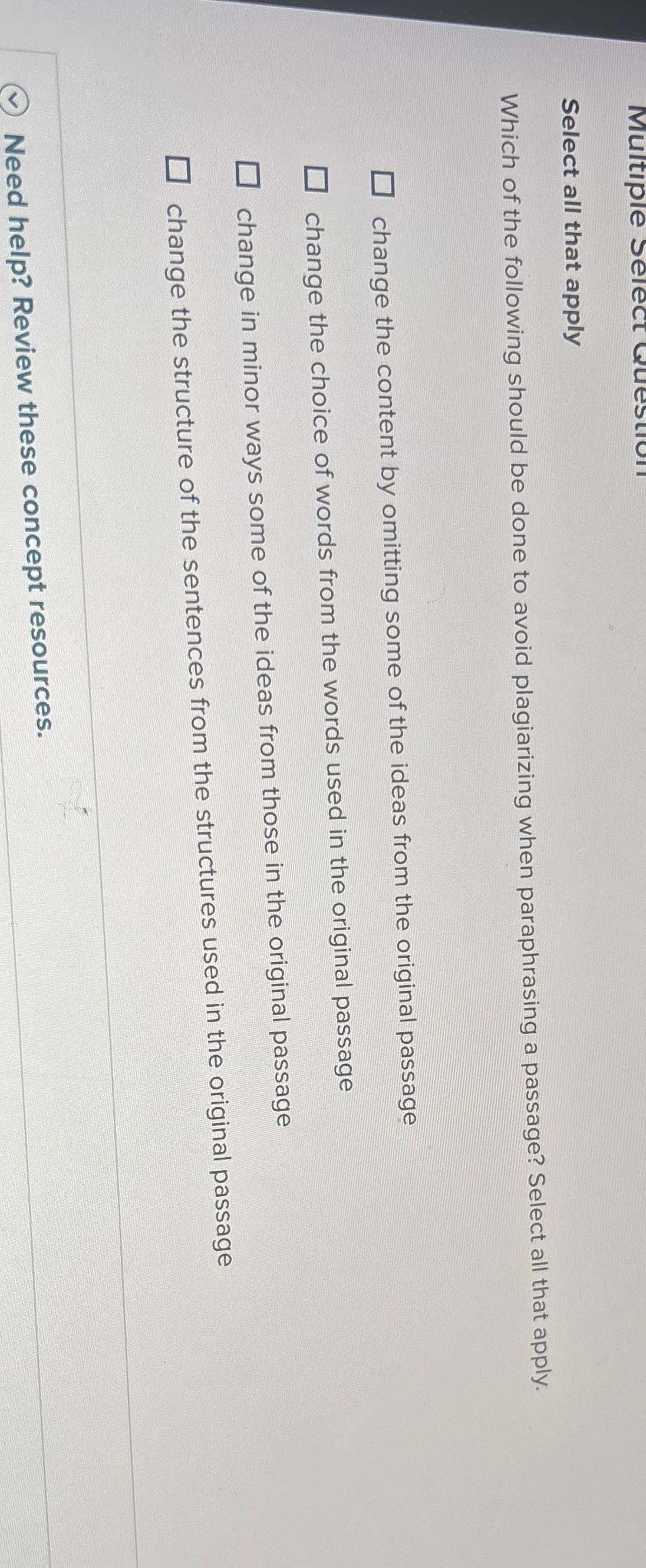 Multiple Sel Select all that apply Which of the