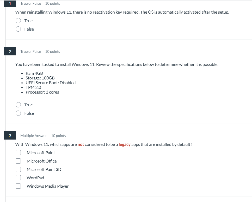 correct answer True or False 10 points When