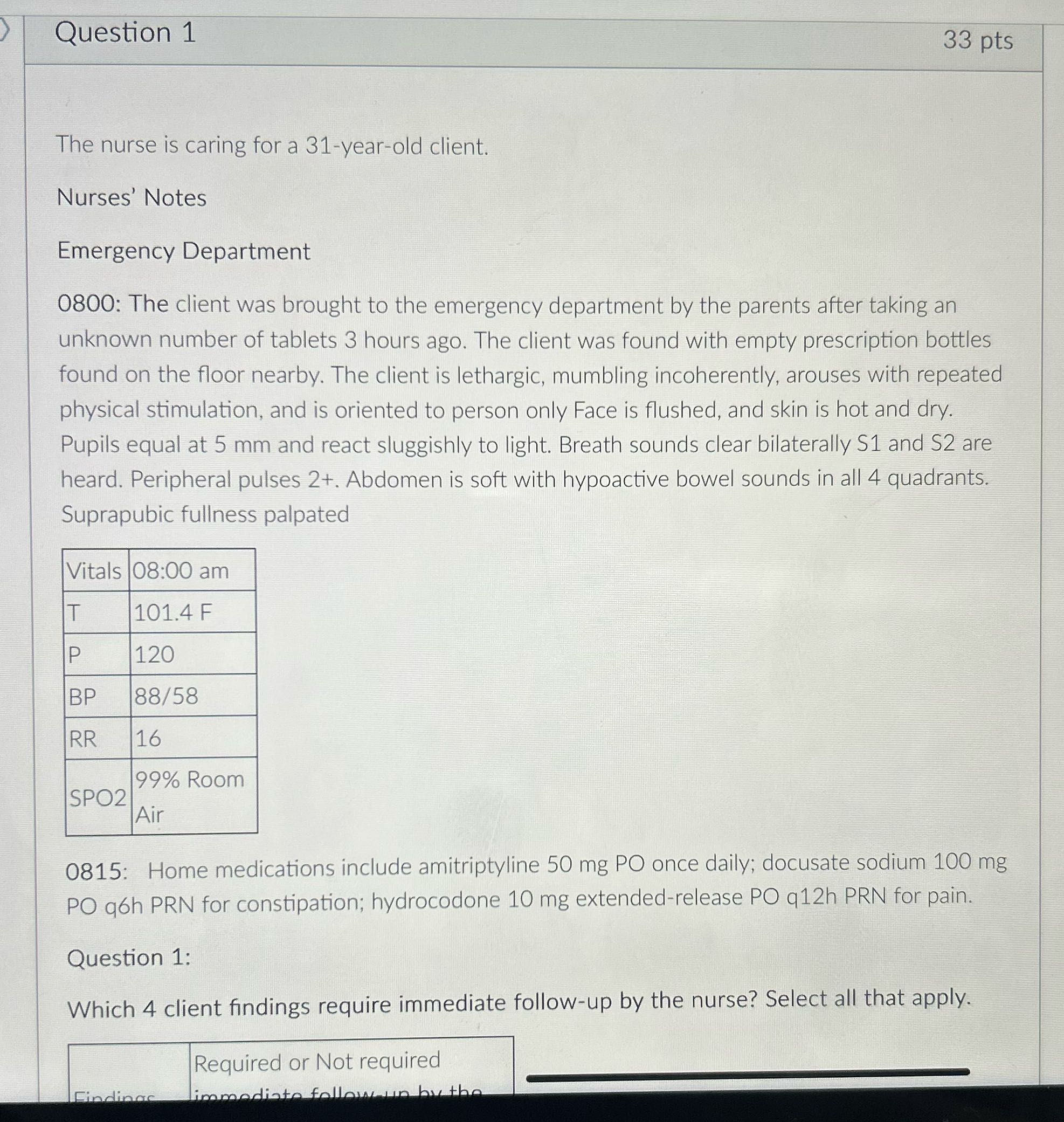 Question 1 33 pts The nurse Is caring for a