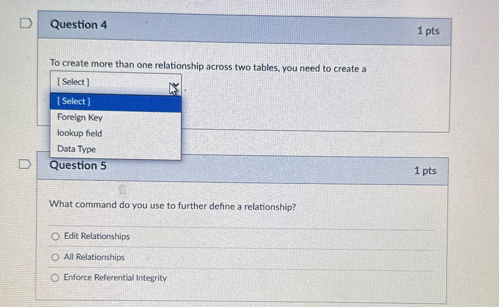D Question 4 1 pts To create more than one