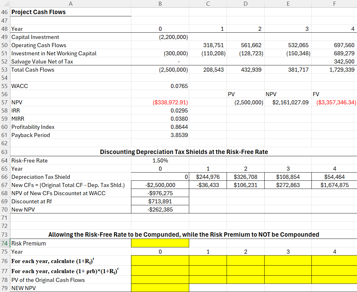 A B C D E F 46 Project Cash Flows 47 48 Year 0 1