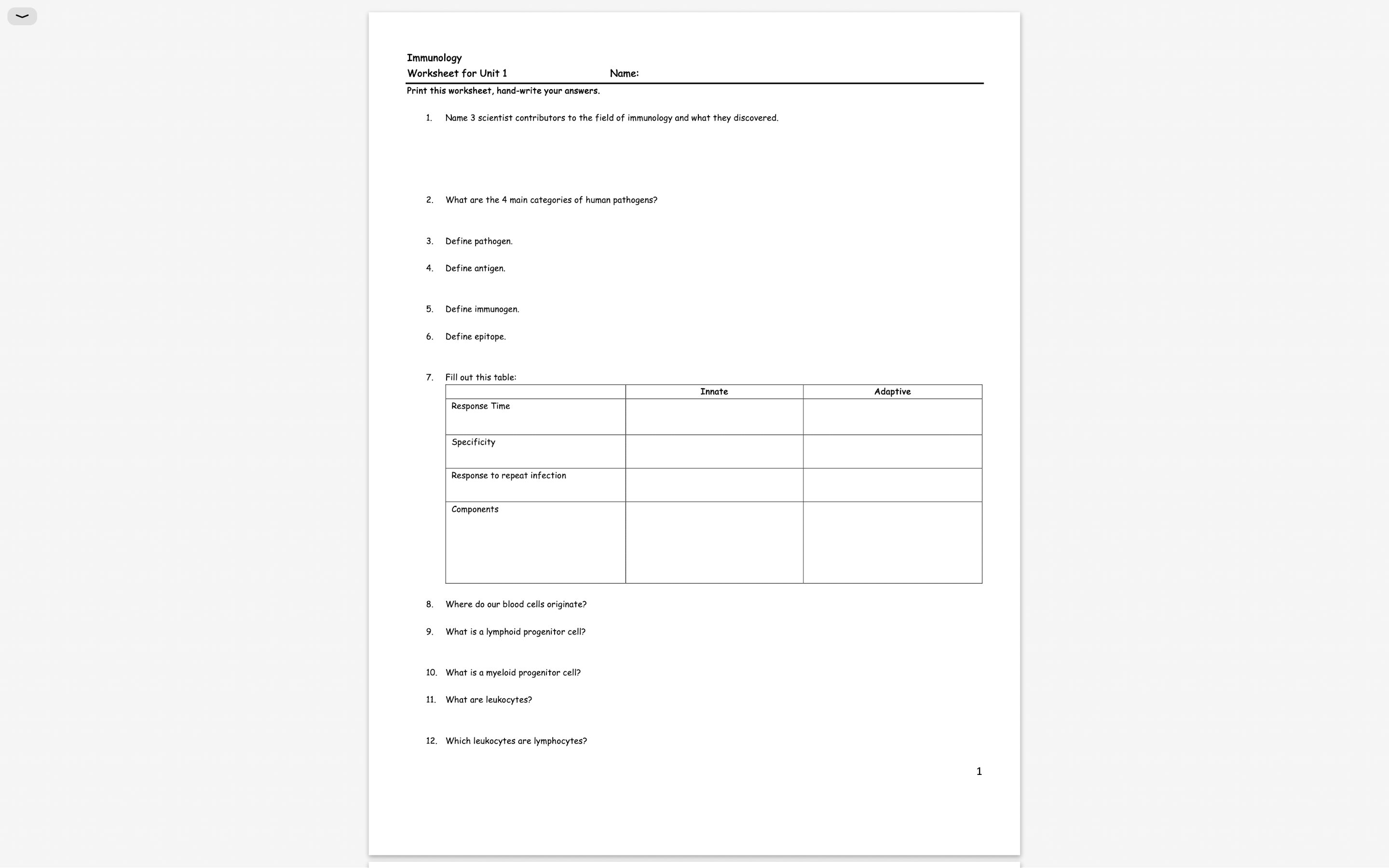 Immunology Worksheet for Unit 1 Print this