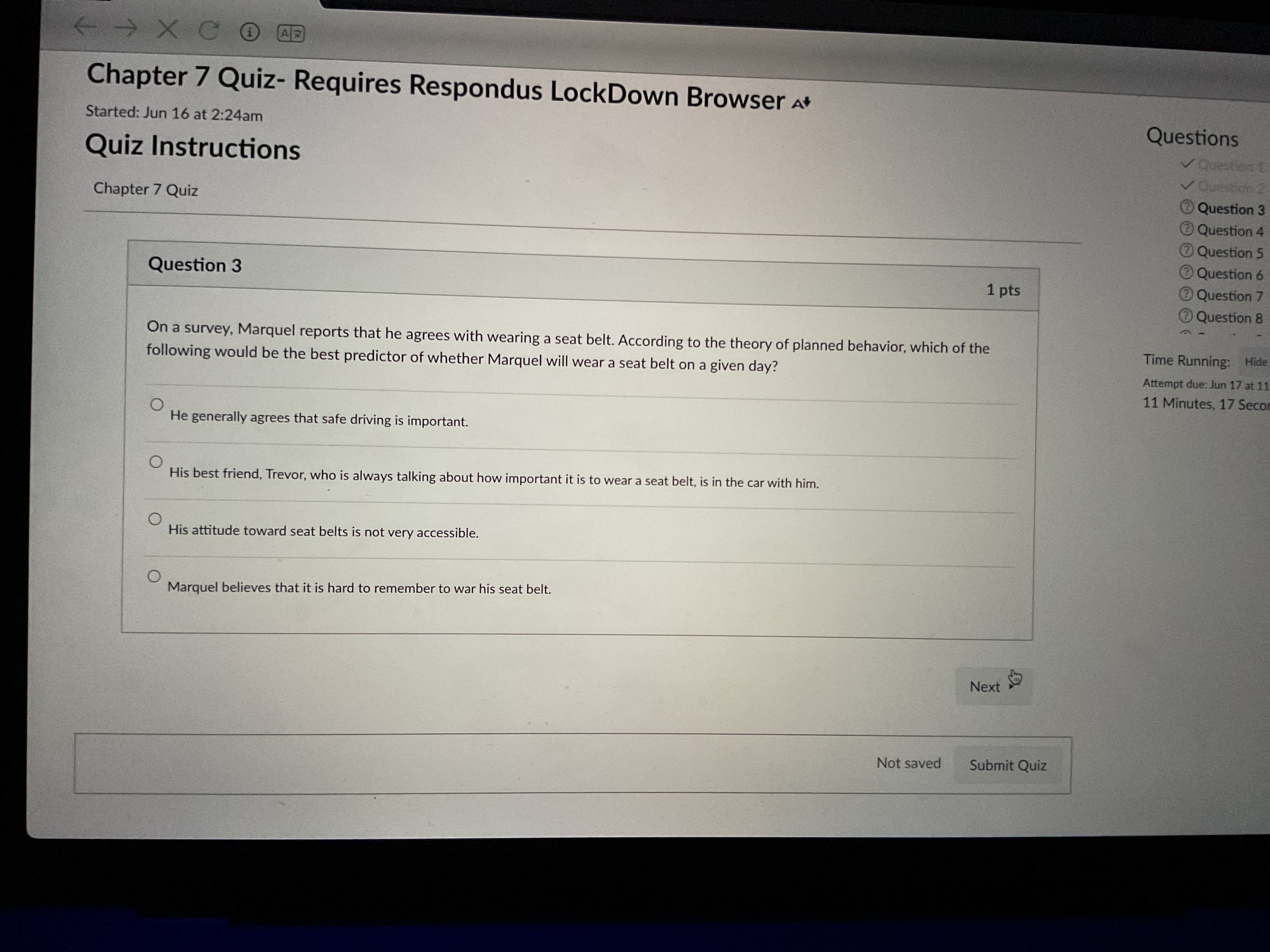 answer Nn a survey, Marquel reports that he