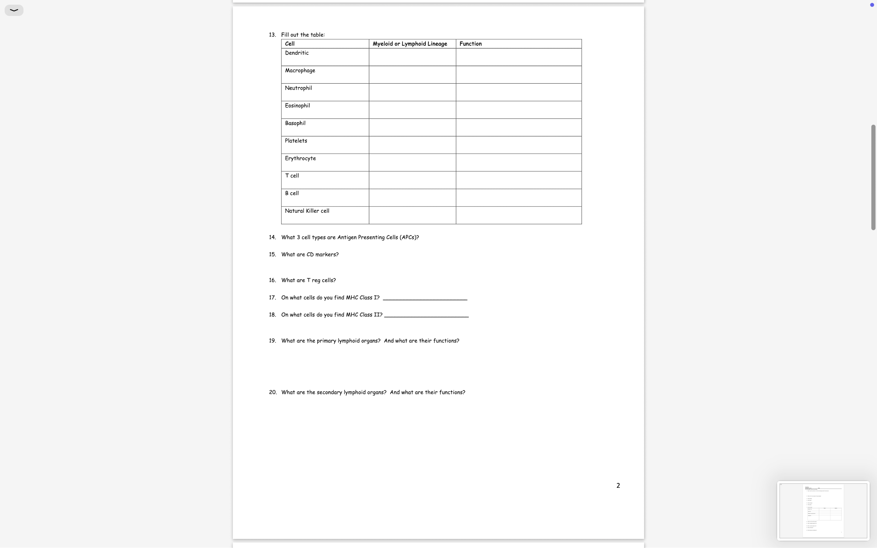 Immunology Worksheet for Unit 1 Print this