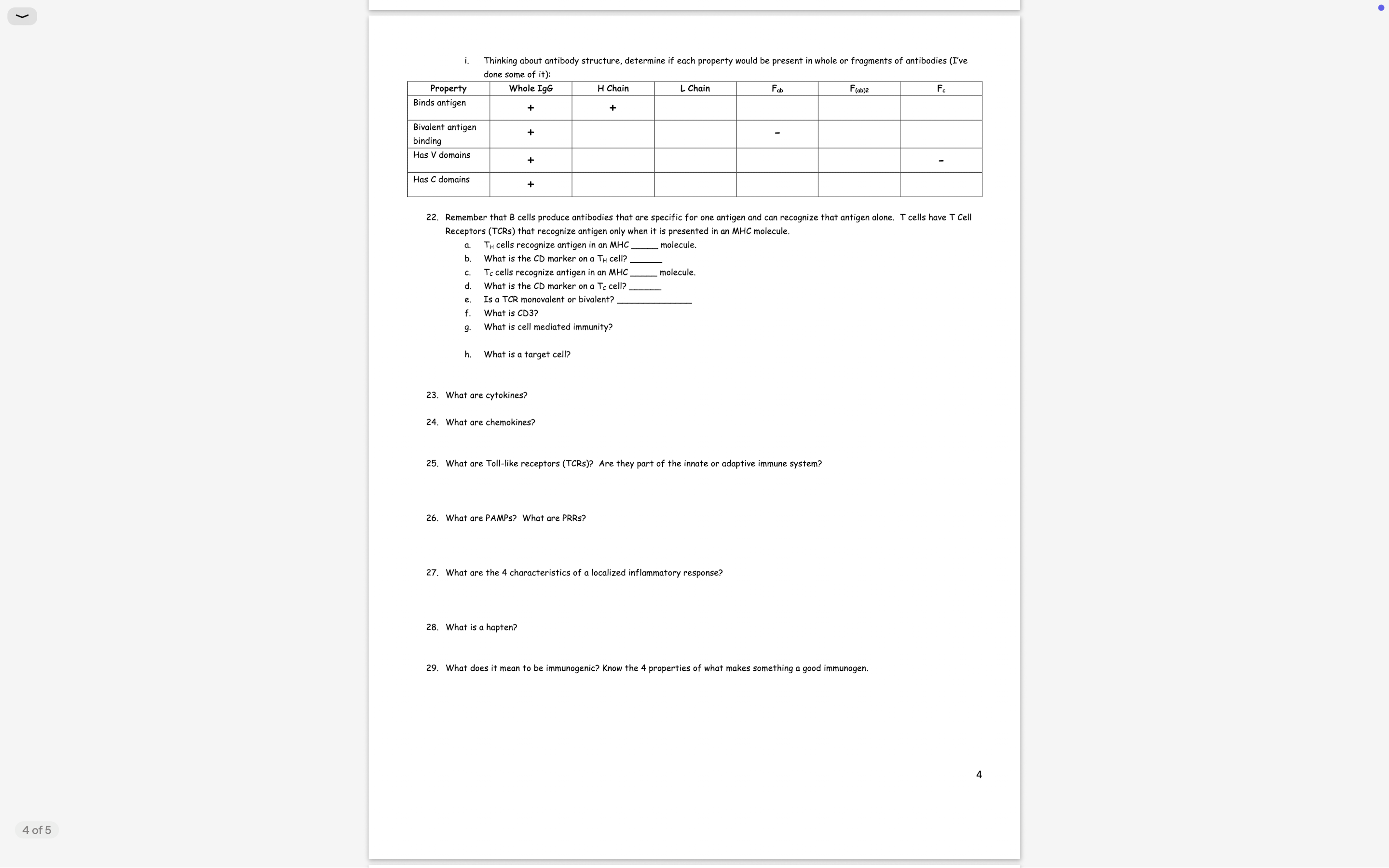 Immunology Worksheet for Unit 1 Print this