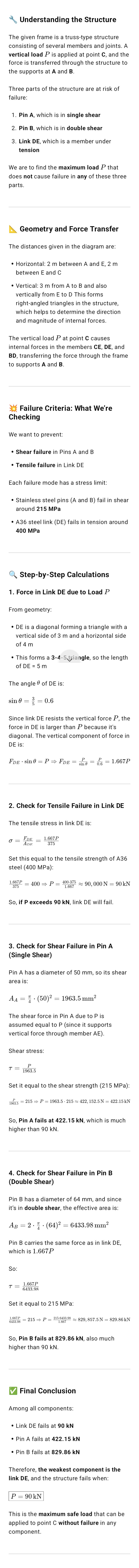 Question 1 The frame supports the point load P at