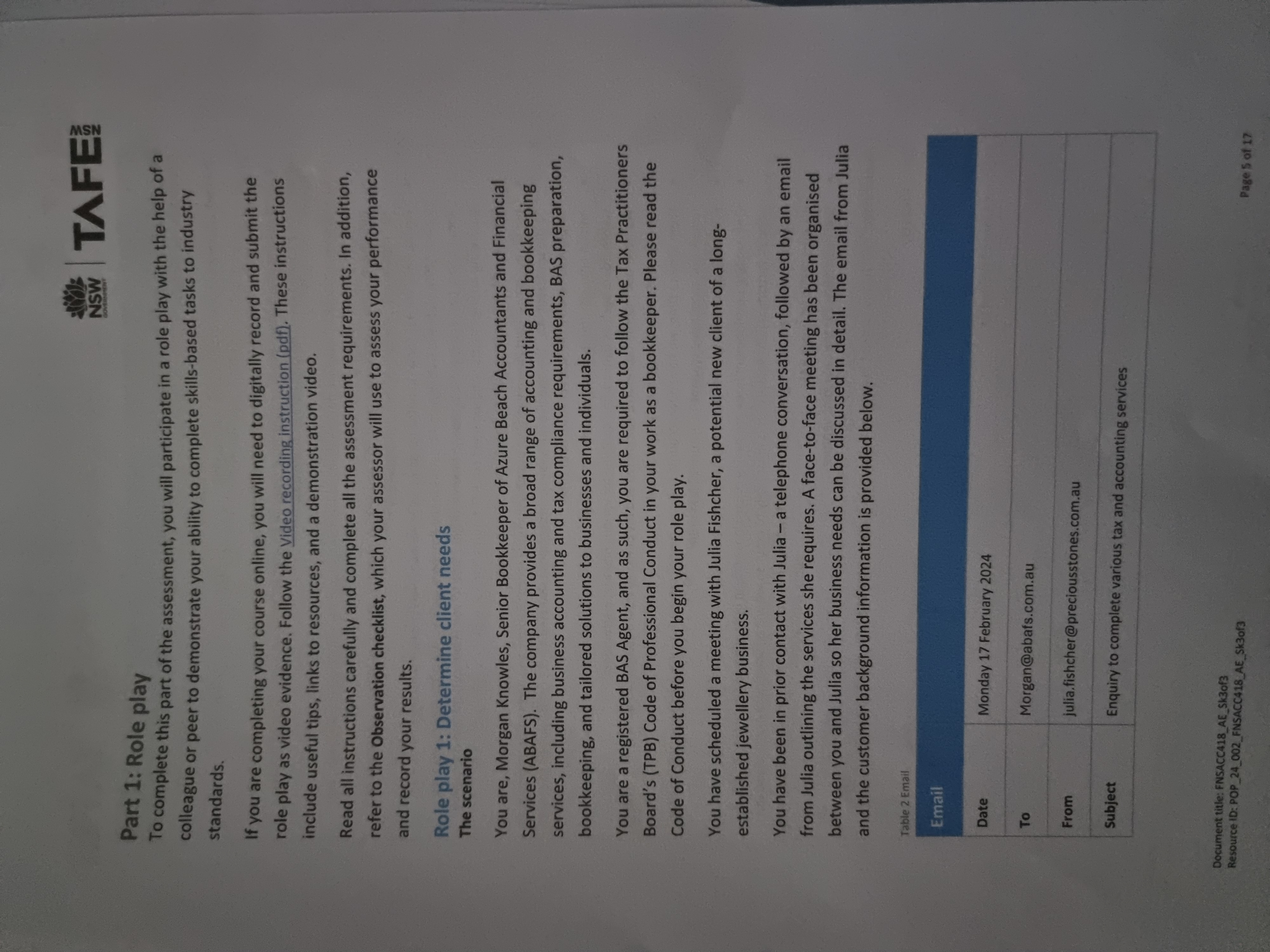 I need help writing a script please ? NSW TAFE: