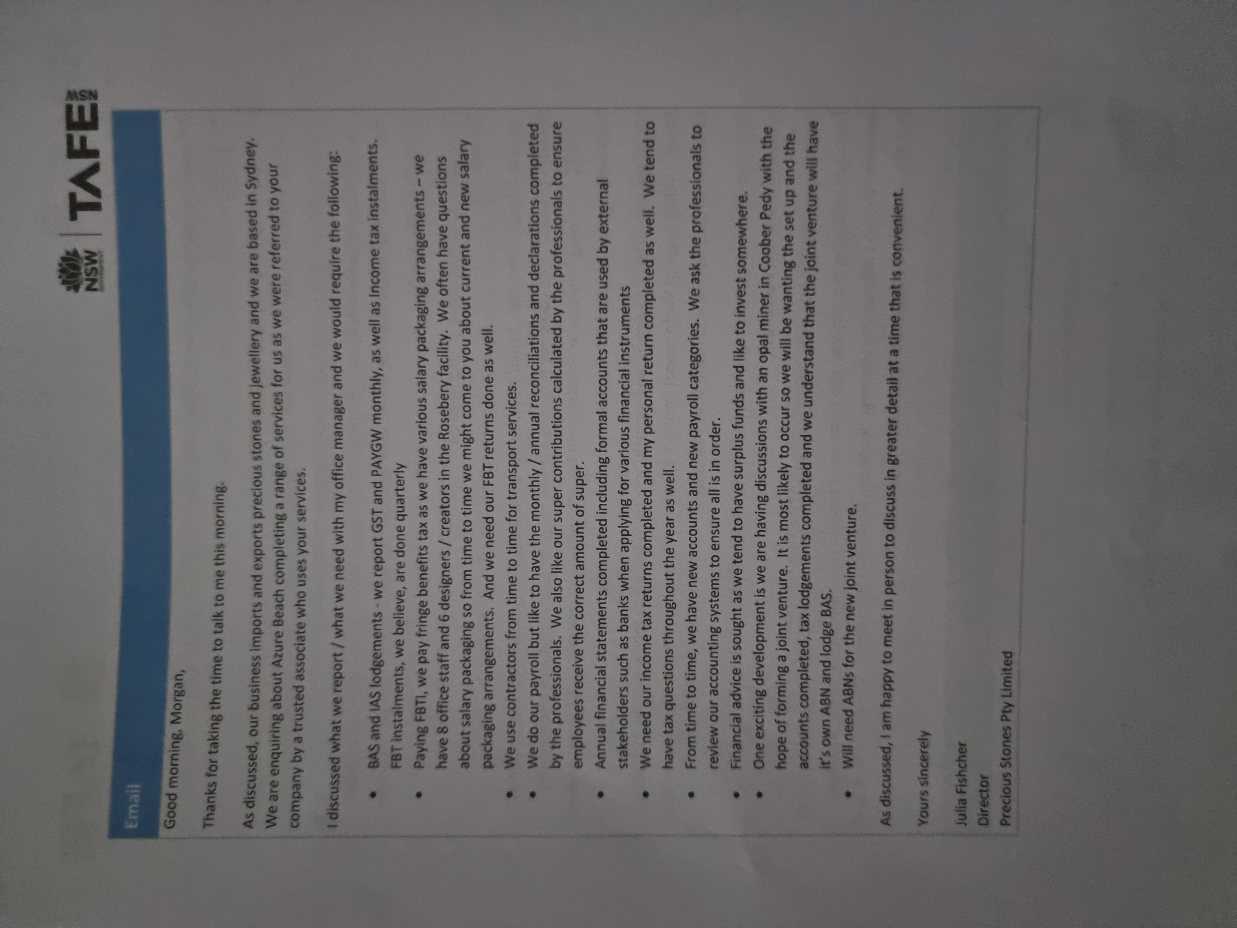 I need help writing a script please ? NSW TAFE: