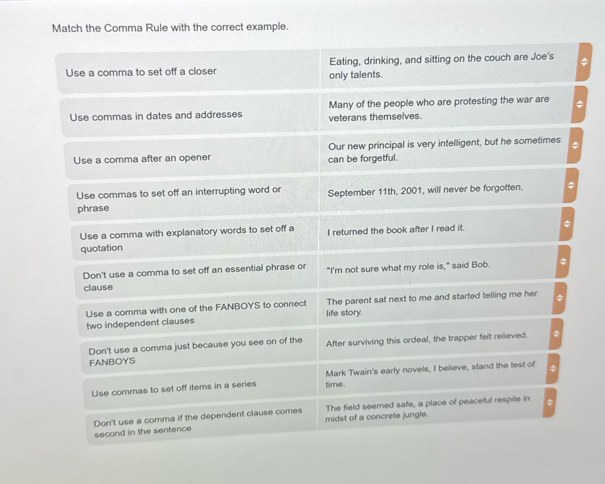 Match the Comma Rule with the correct example.