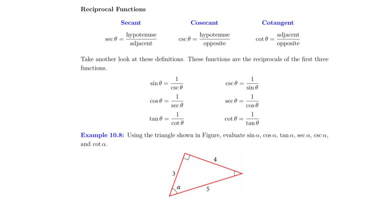 Reciprocal Functions Secant Cosecant Cotangent