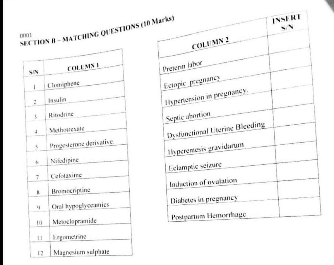 0001 SECTION B - MATCHING QUESTIONS (10 Marks)
