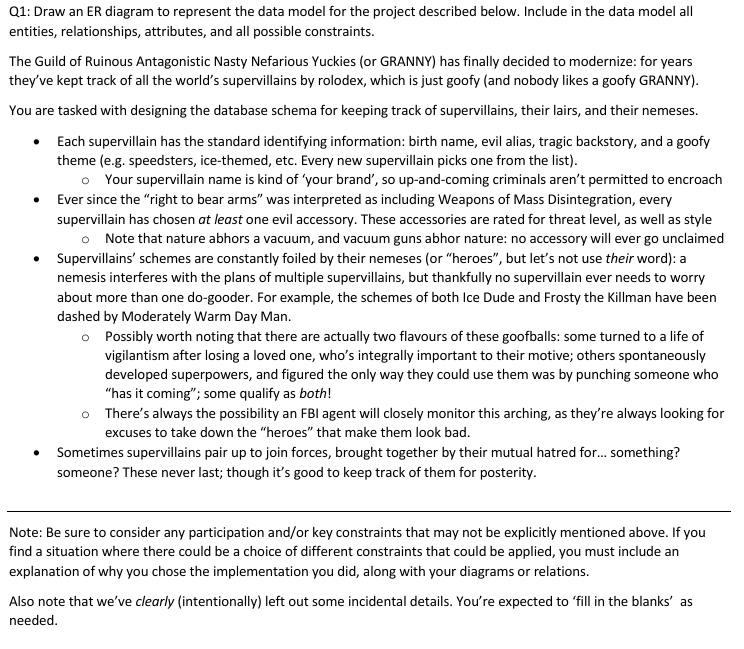 1: Draw an ER diagram to represent the data model