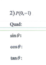 fil in everything 2) P(0,-1) Quad: sin 0: cos 0: