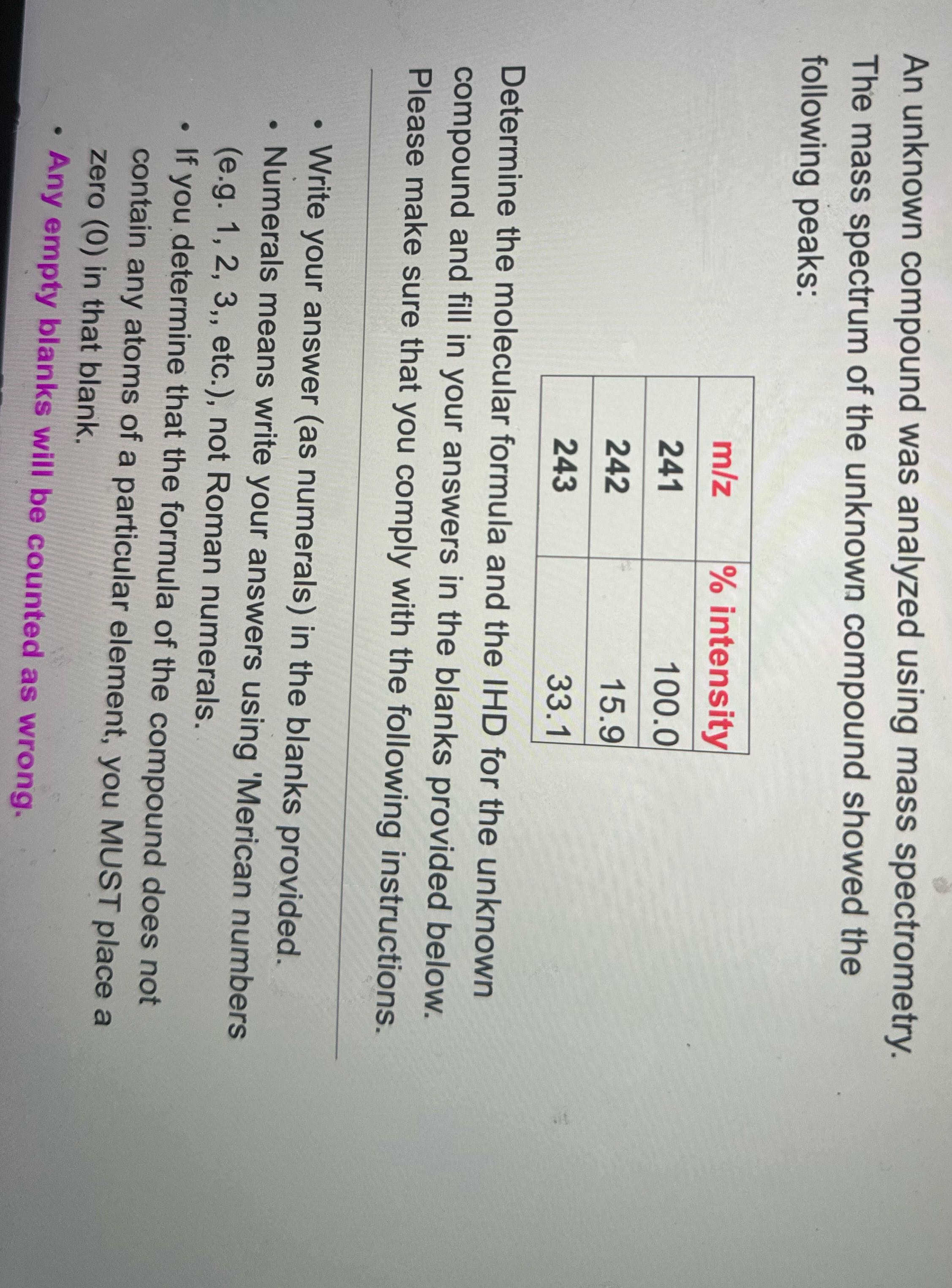 An unknown compound was analyzed using mass