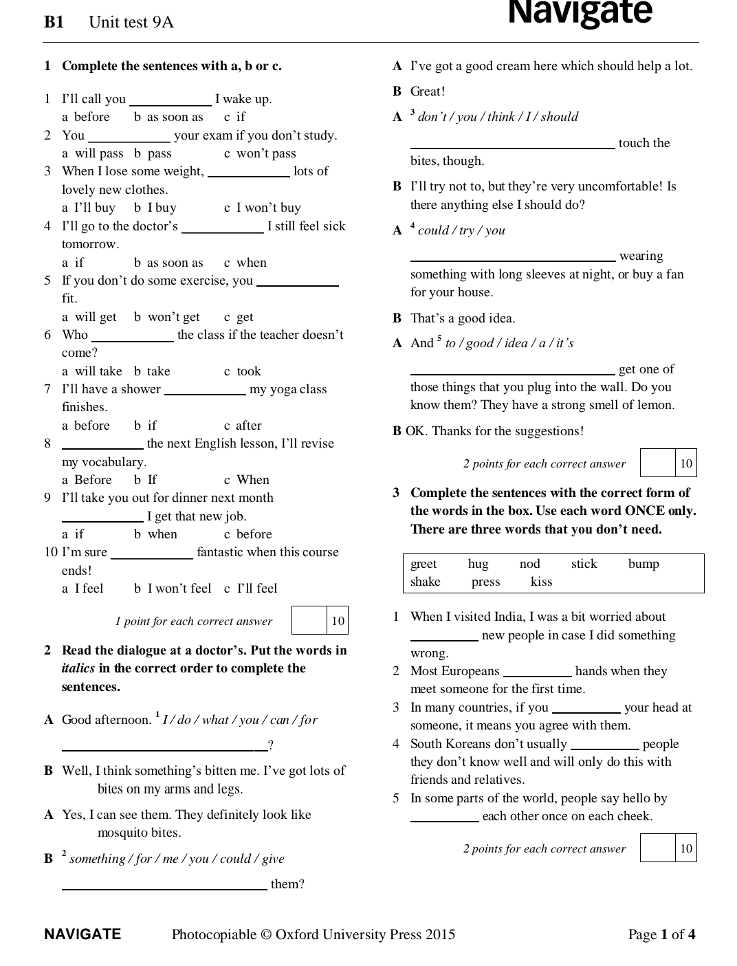 Bl Unit test 9A Navigate 1 Complete the sentences