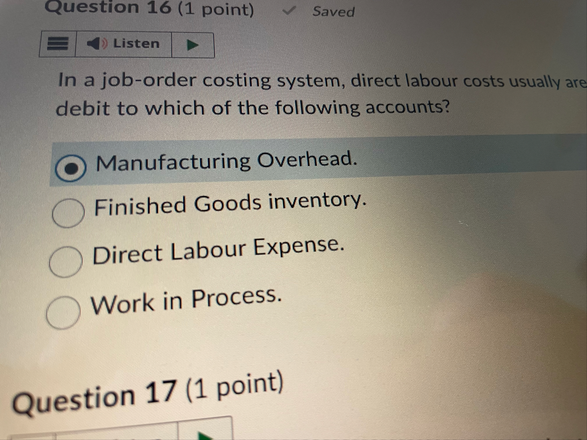 Question 1 6 ( 1 point ) Saved In a job - order