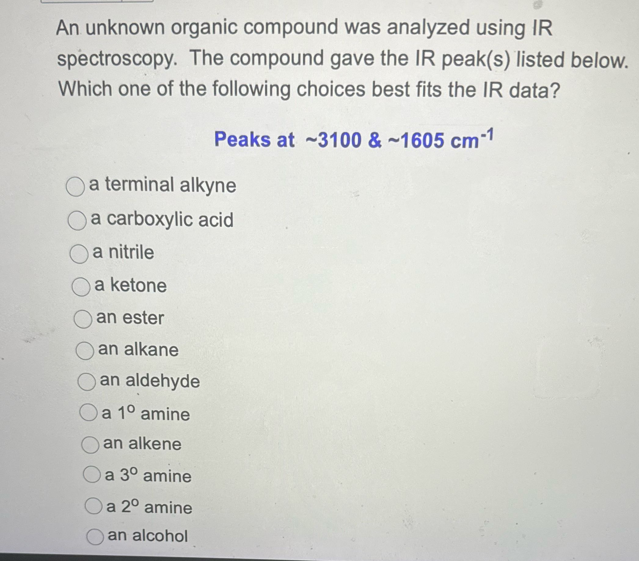 An unknown organic compound was analyzed using IR