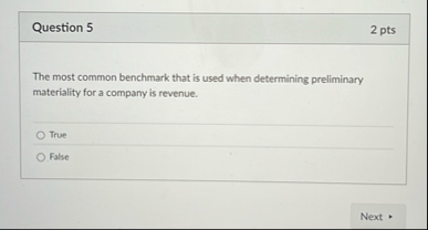 Question 5 2 pts The most common benchmark that