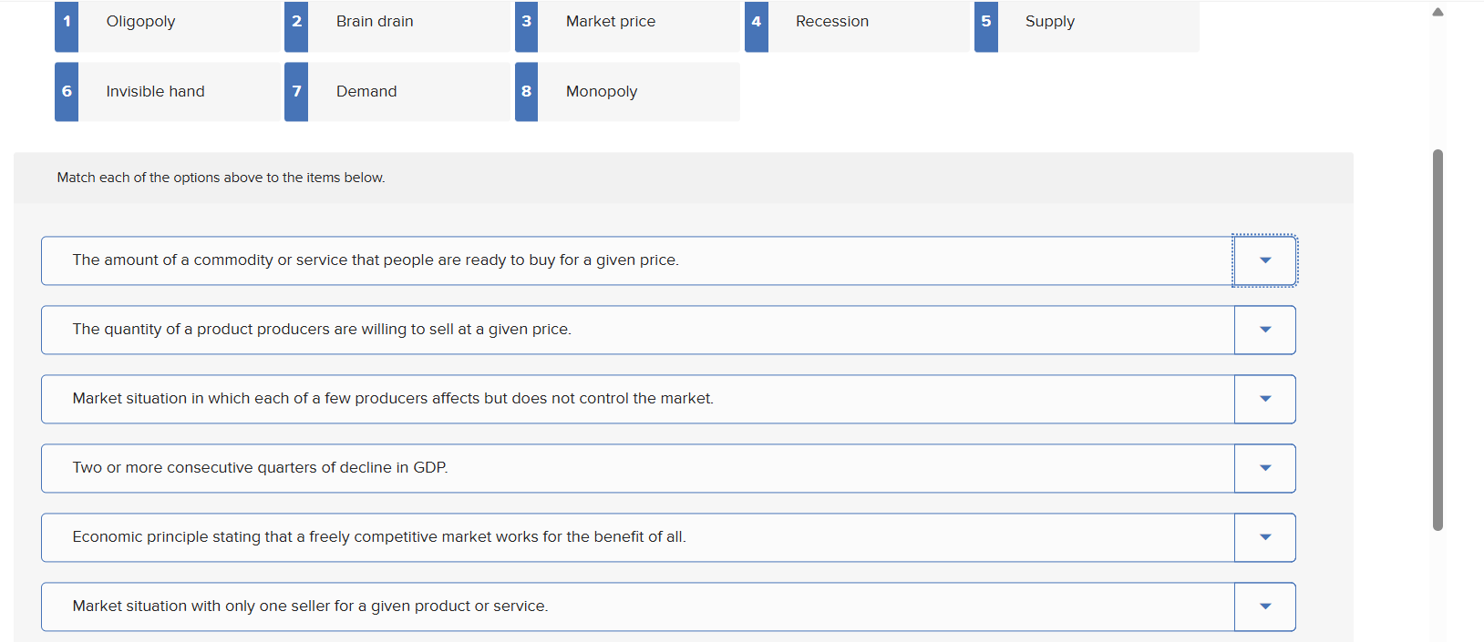 ? '| Oligopoly FI Brain drain F| Market price EF