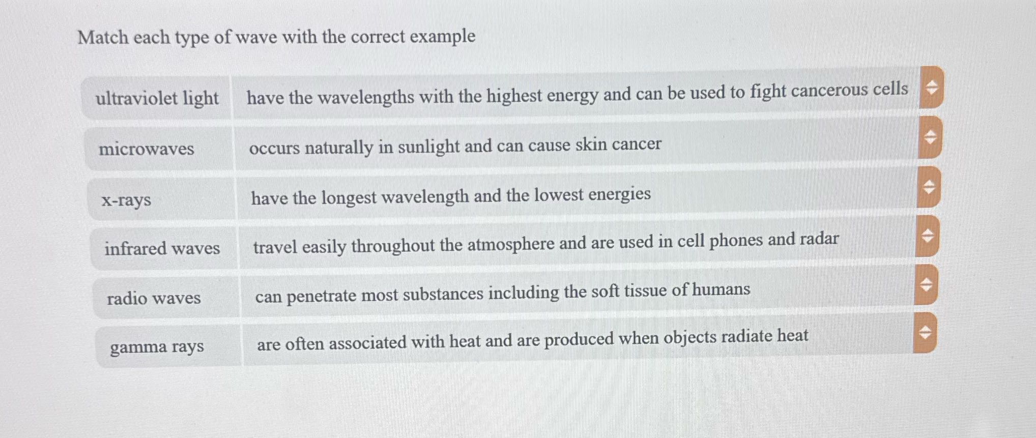 Help Match each type of wave with the correct