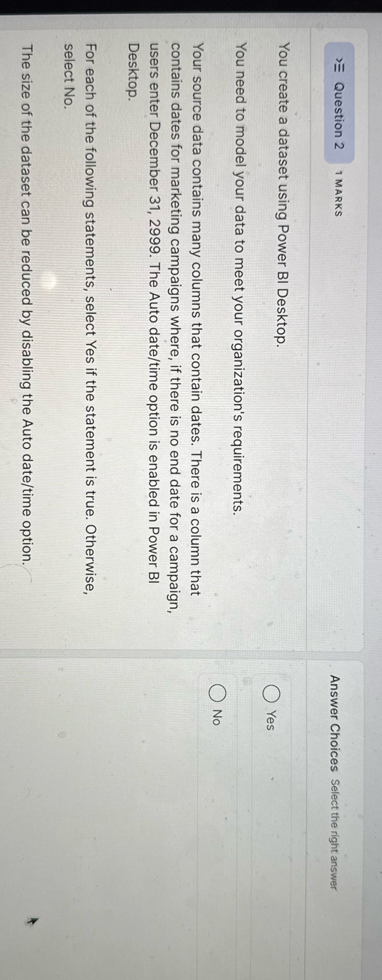 Question 2 1 MARKS Answer Choices Select the