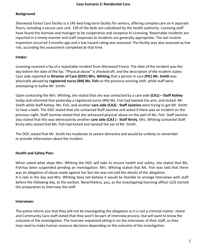 UsingCase Scenario 2: Residential Care, formulate