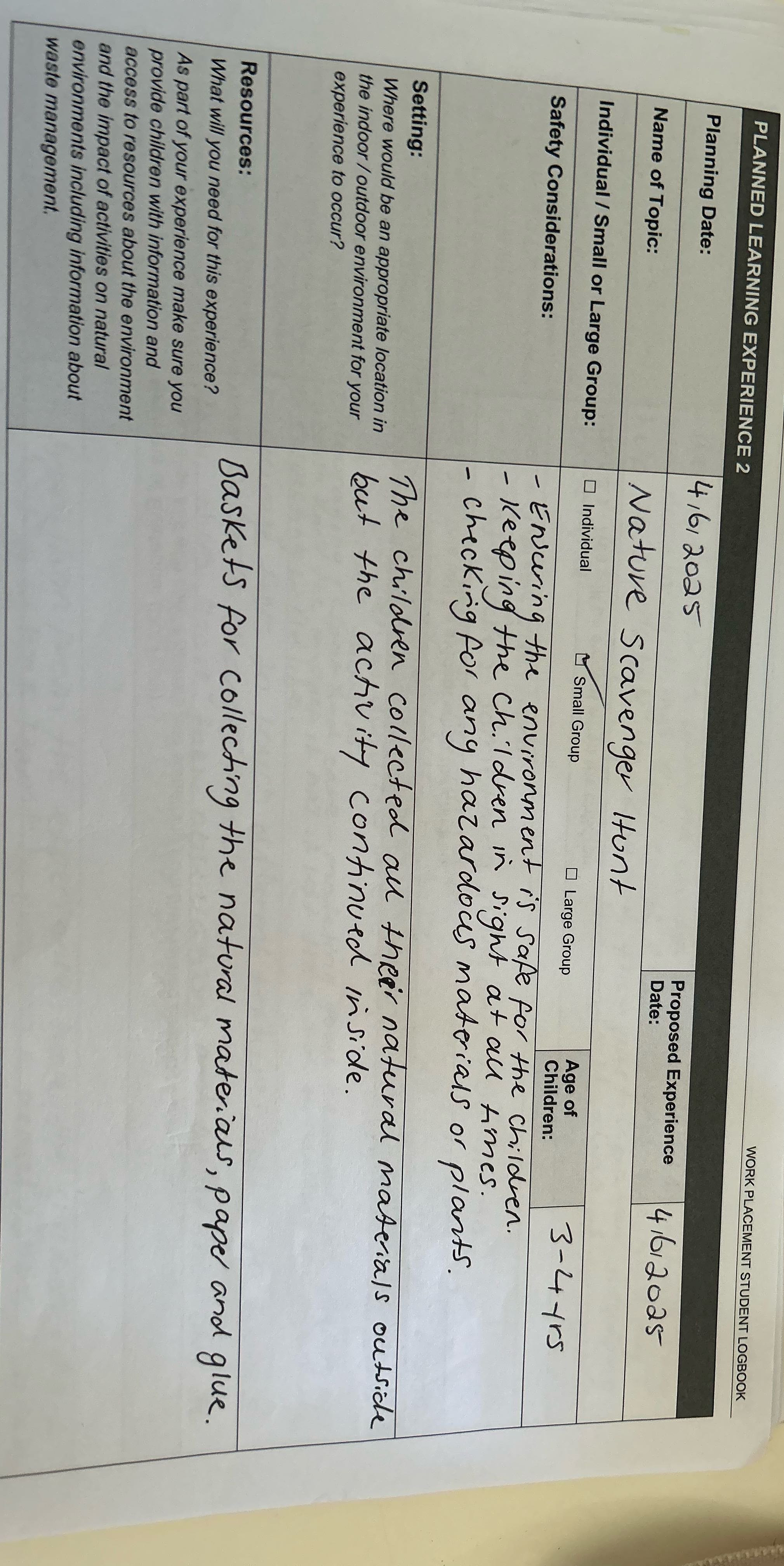 WORK PLACEMENT STUDENT LOGBOOK PLANNED LEARNING