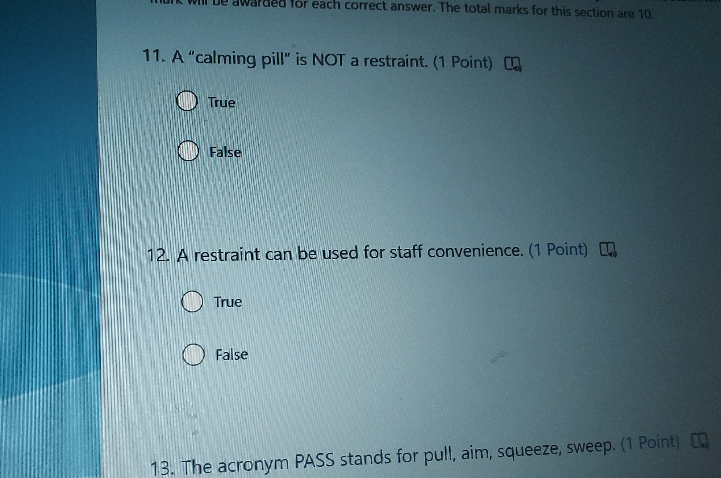 awarded for each correct answer. The total marks