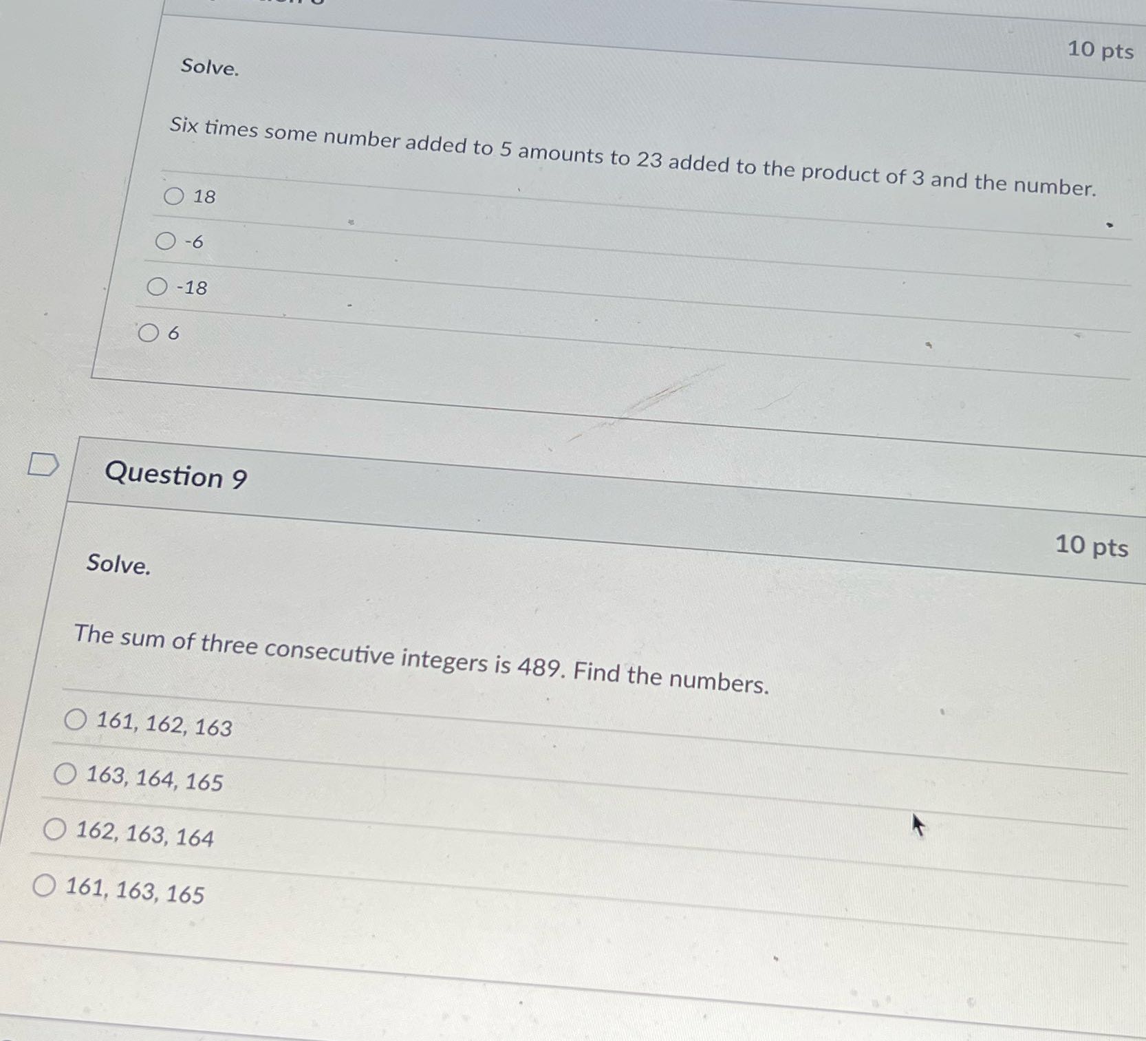 10 pts Solve. Six times some number added to 5
