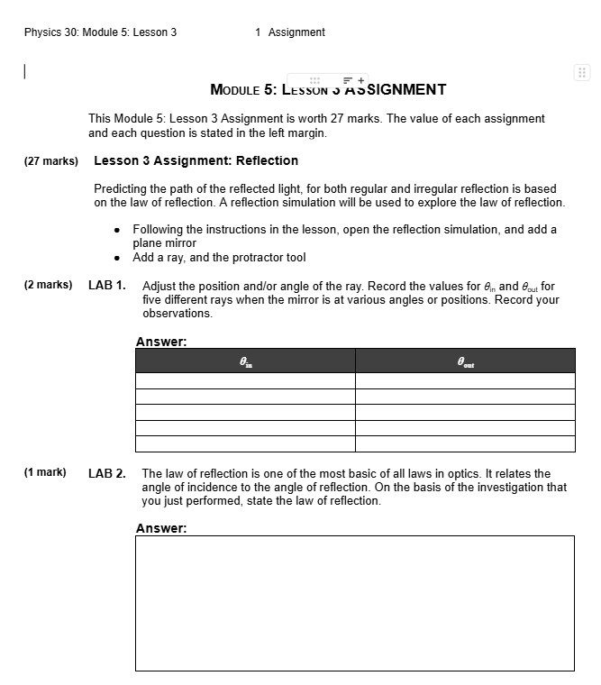 Physics 30: Module 5: Lesson 3 1 Assignment