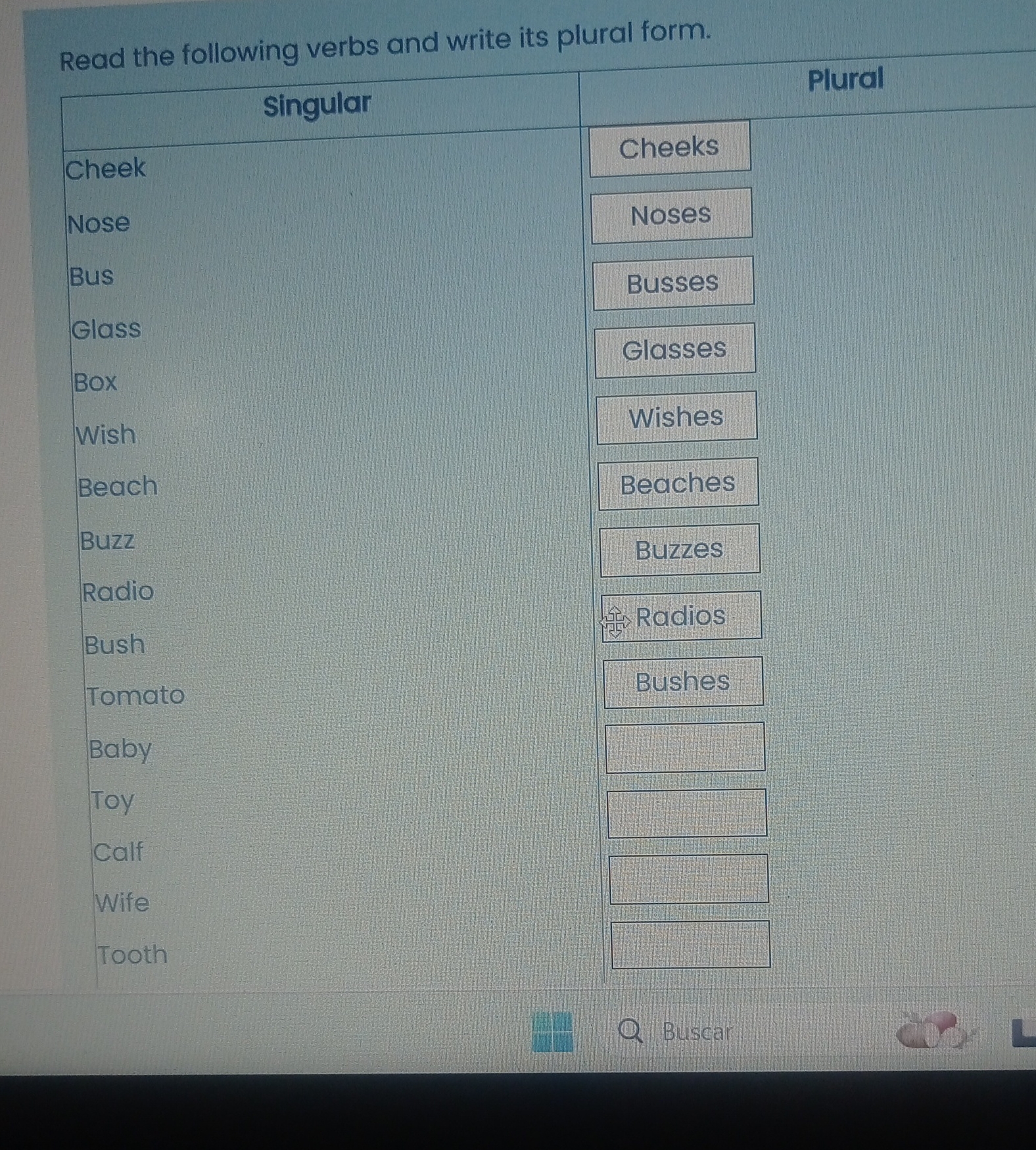 Read the following verbs and write its plural