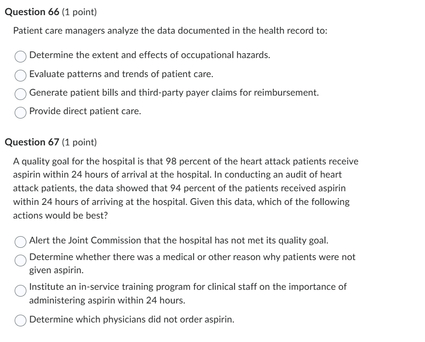 solve Question 66 (1 point) Patient care managers