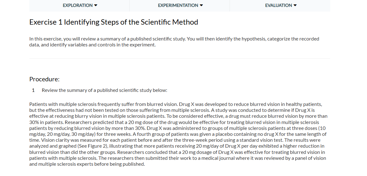 EXPLORATION EXPERIMENTATION EVALUATION Exercise 1