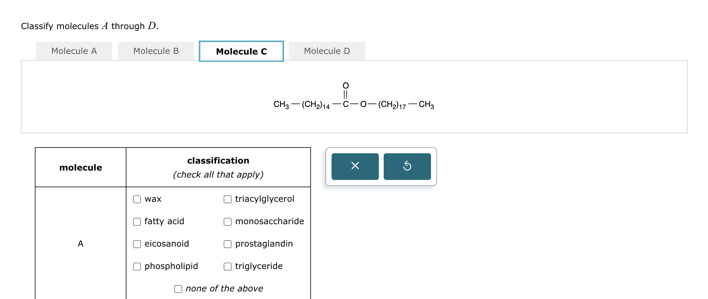 Classify molecules A through D. Molecule A