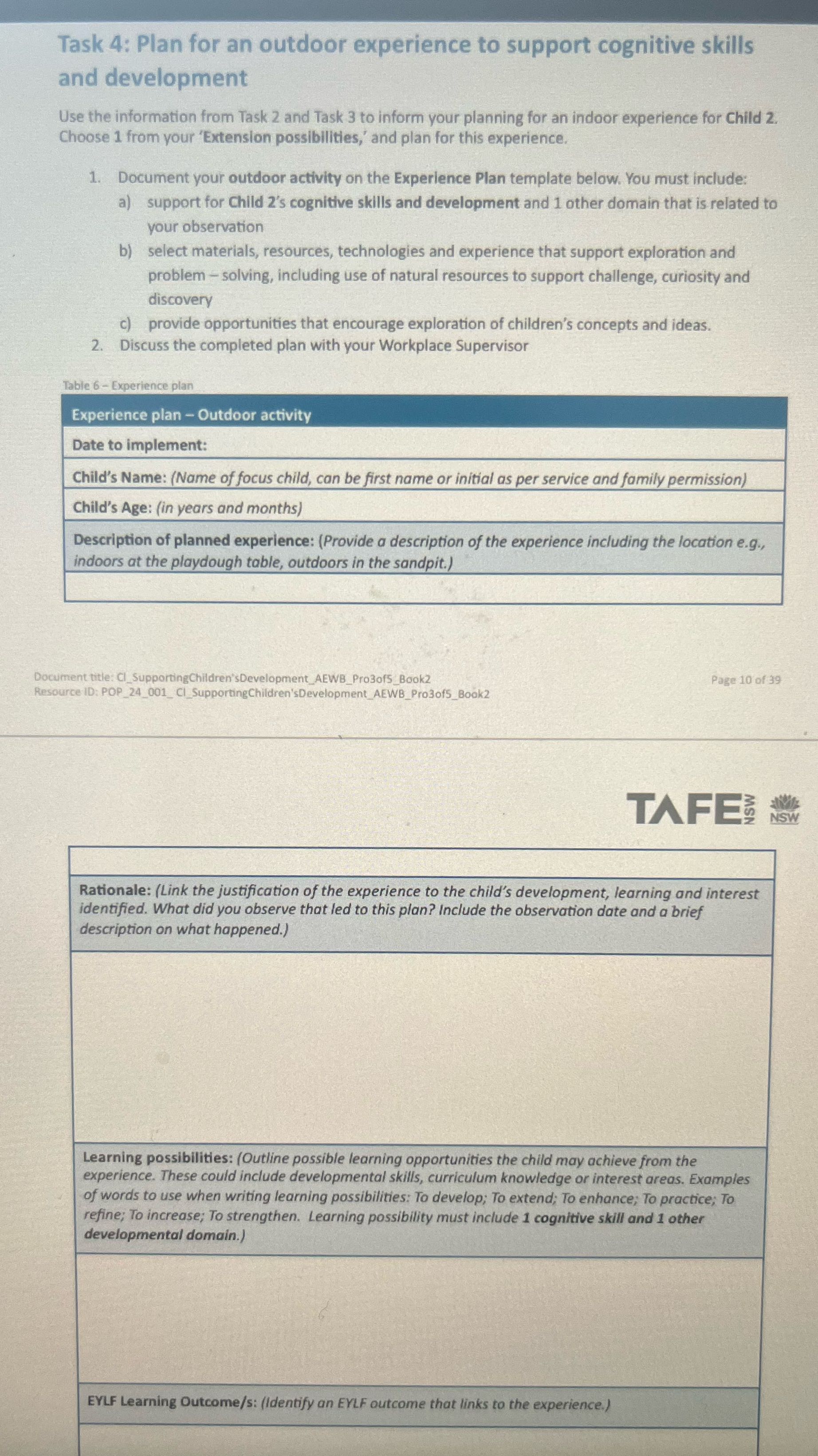Task 4: Plan for an outdoor experience to support