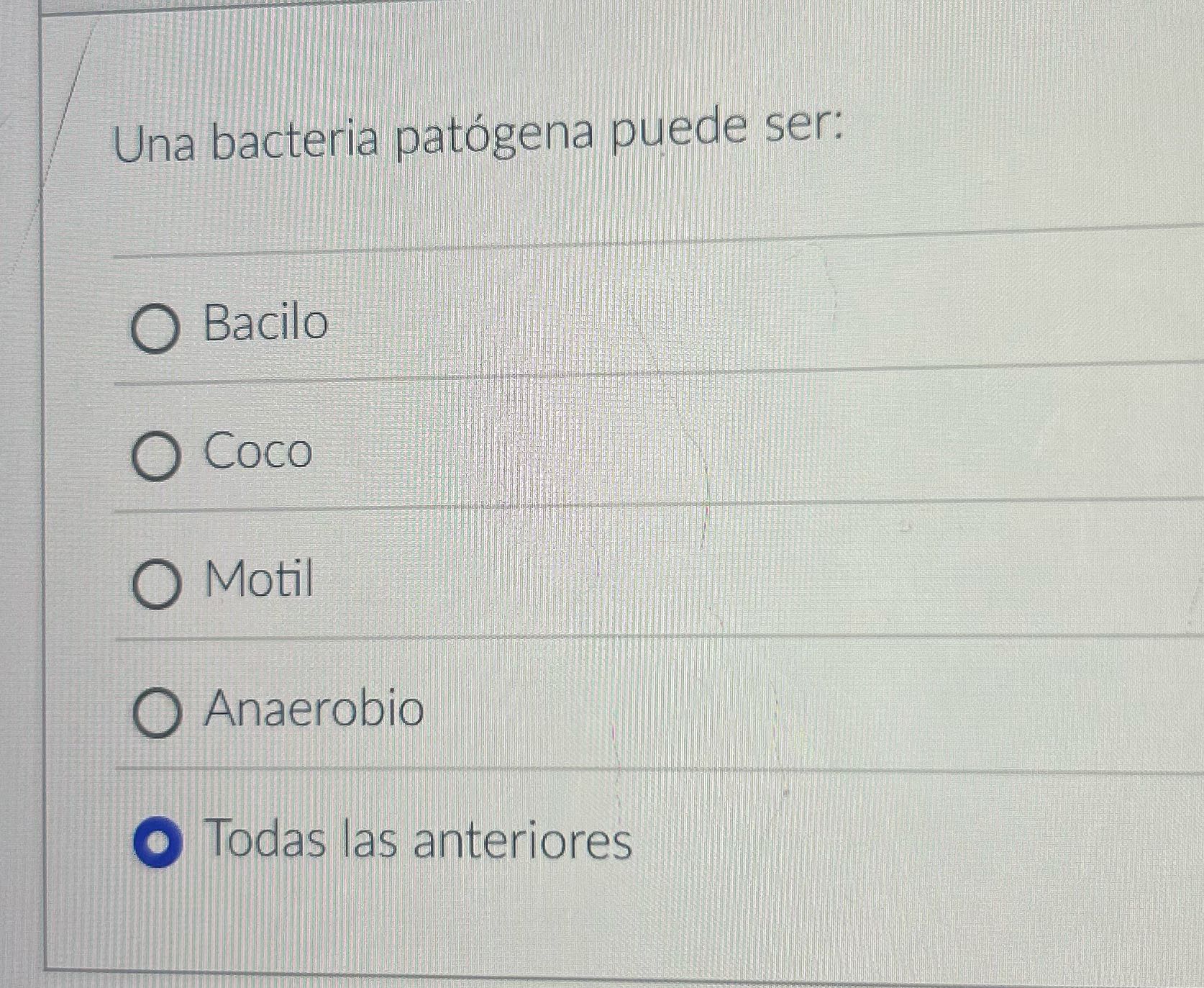 Una bacteria patogena puede ser: O Bacilo O Coco