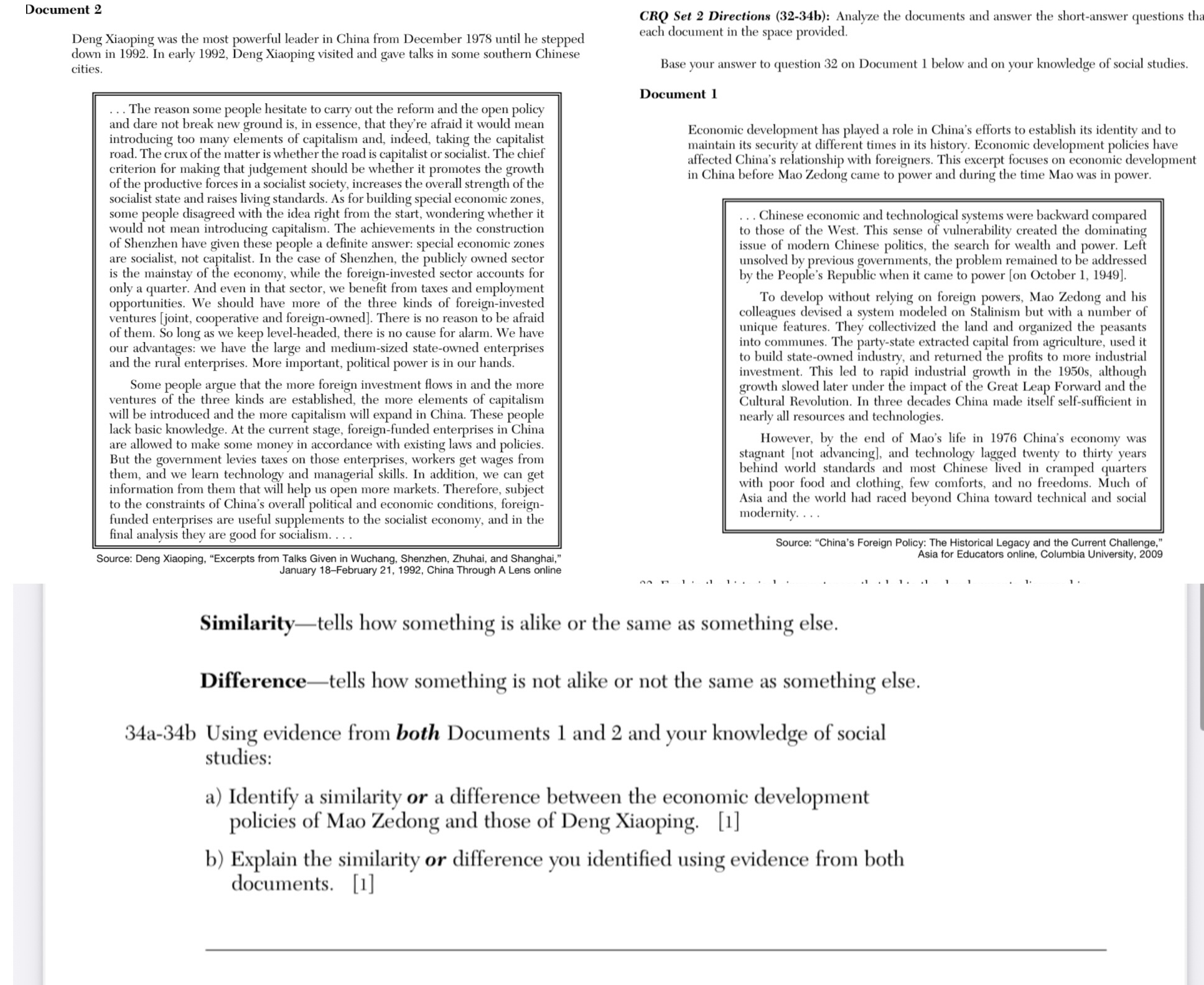 Answer Document 2 CRQ Set 2 Directions (32-34b):