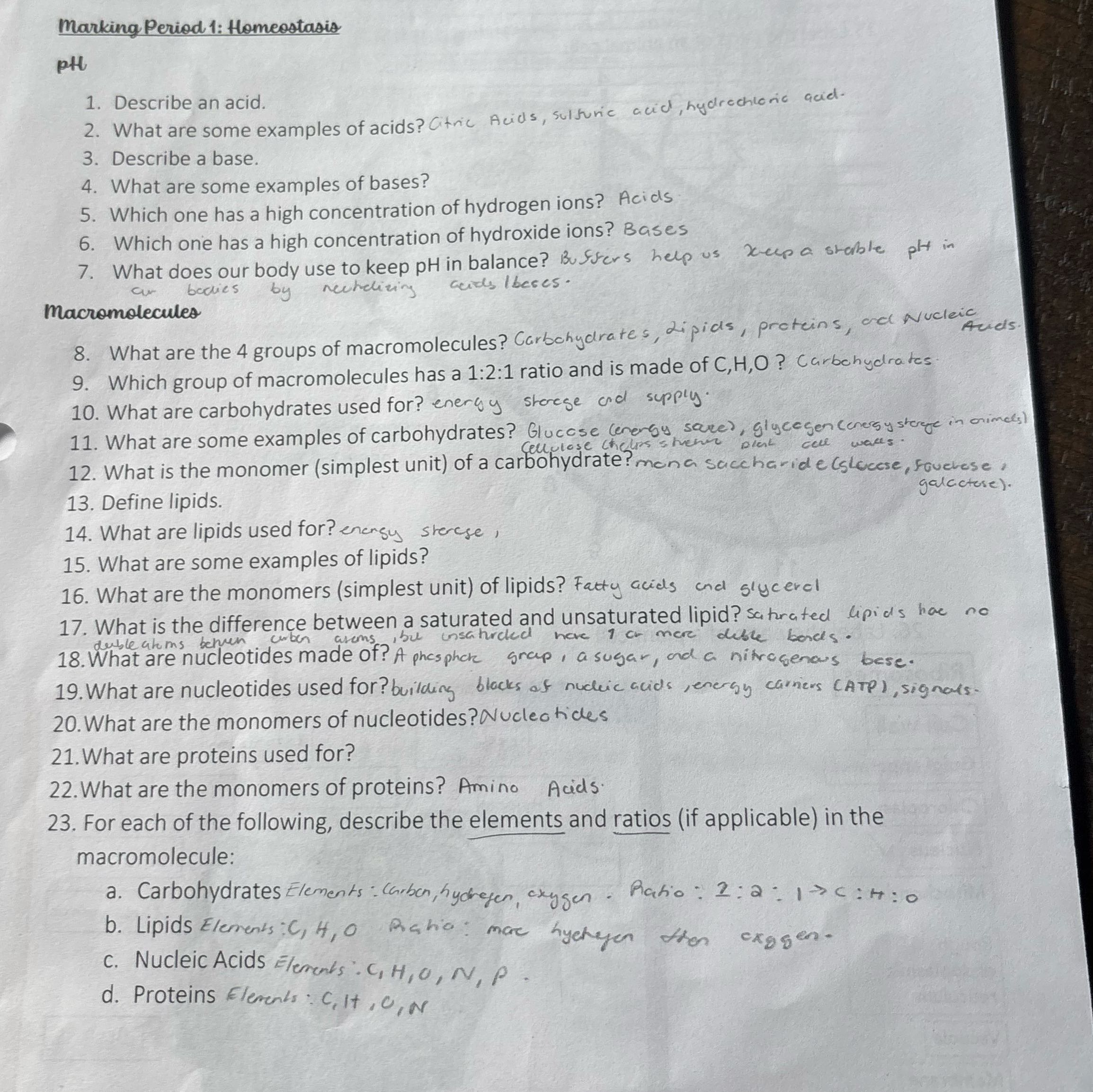 marking Period 1: Homeostasis PH 1. Describe an