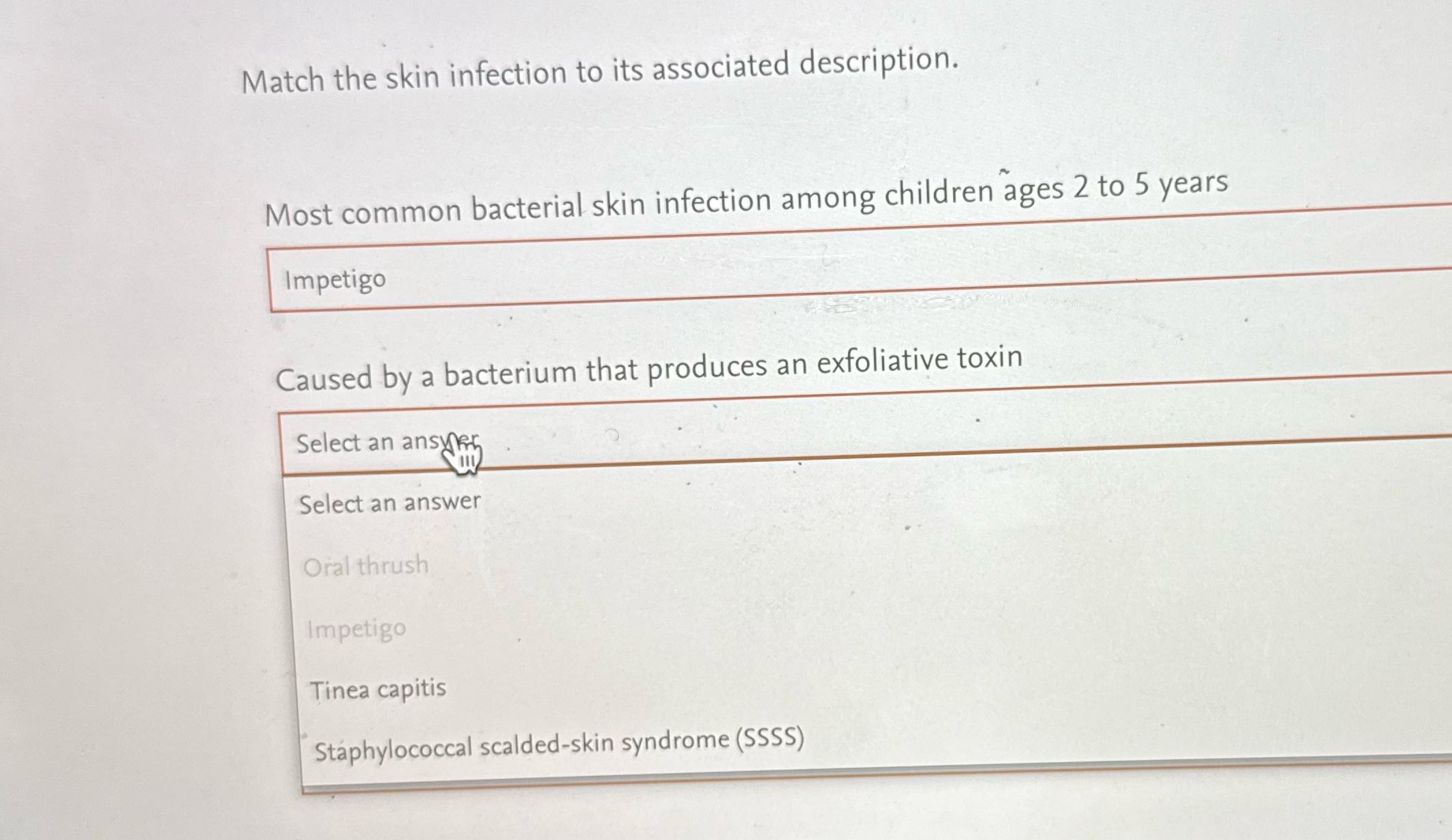 Match the skin infection to its associated