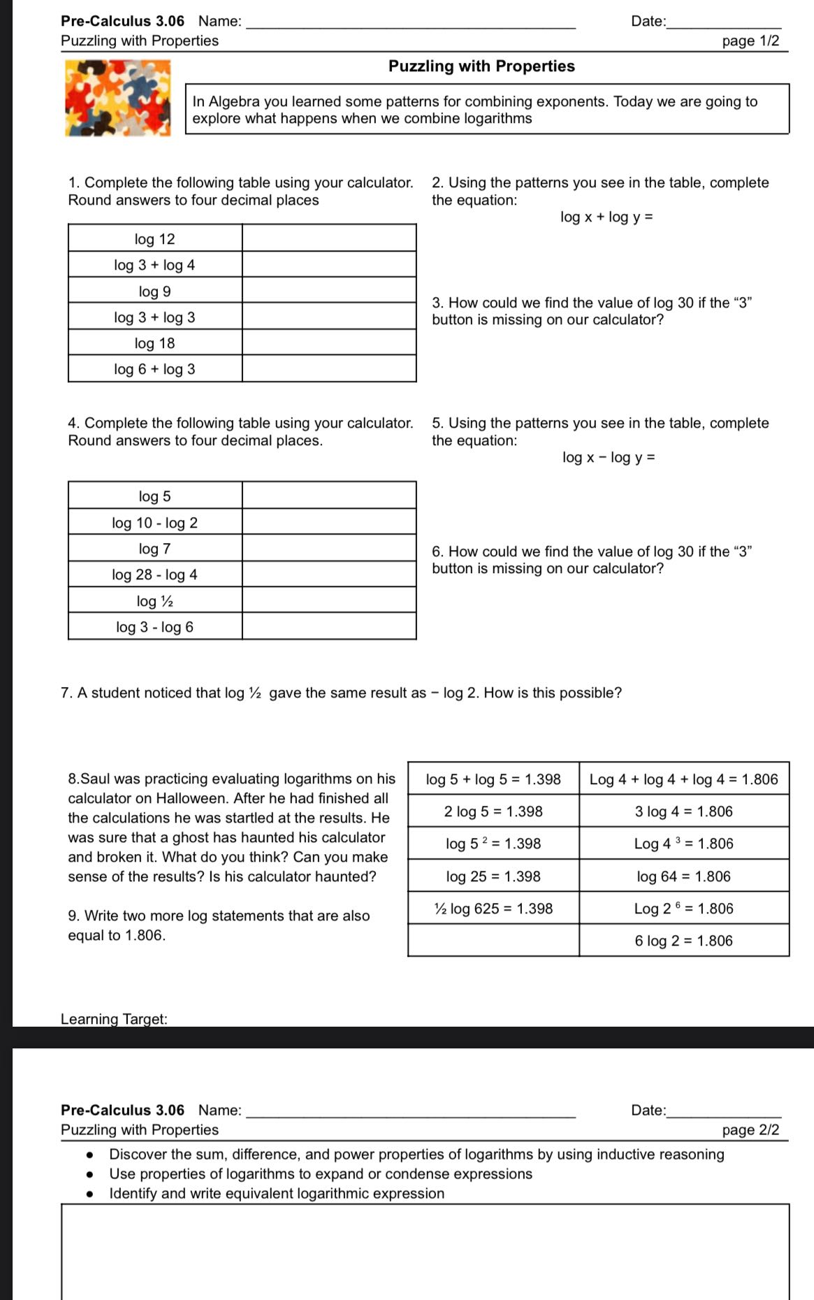 Pre-Calculus 3.06 Name: Date: Puzzling with